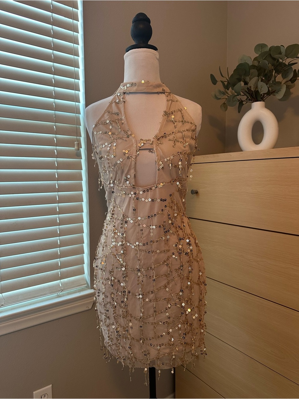 Gold Sequin Halter Mini Dress